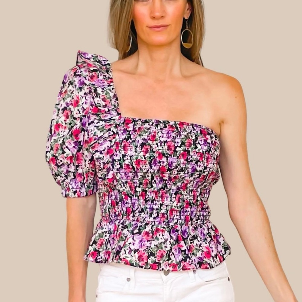 DO+BE Asymmetrical Puff Sleeve Blouse in Pink and Purple